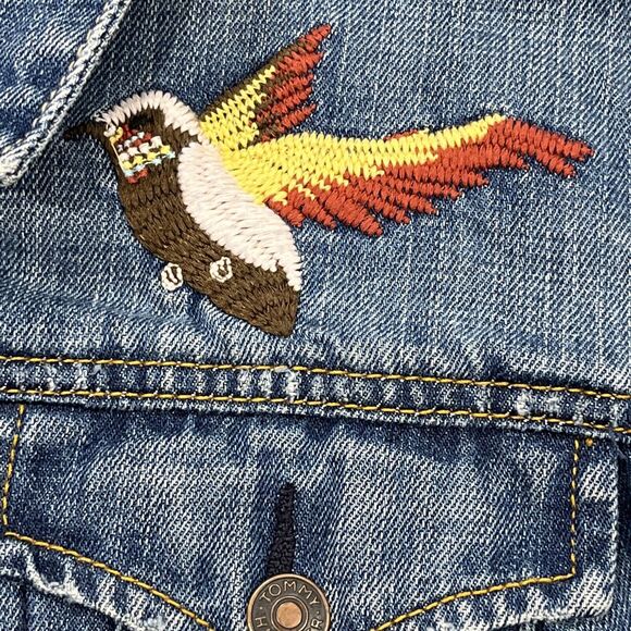 Tommy Hilfiger Womens Embroidered Y2K Jean Denim Jacket Distressed Sz L - Picture 4 of 14